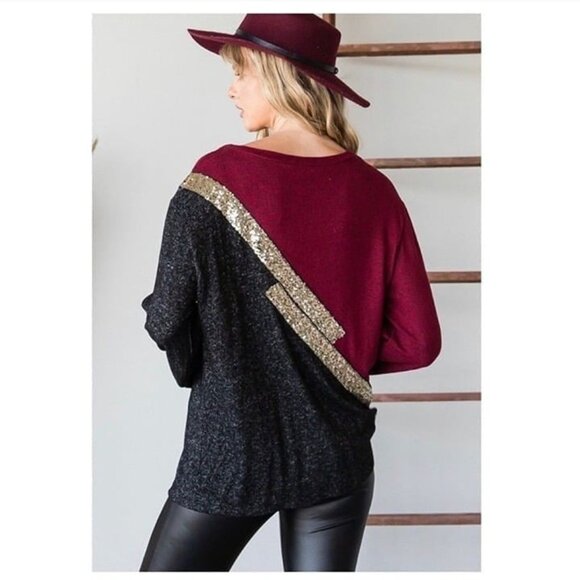 Colorblock Burgundy & Black Long Sleeve Top W/Gold Sequin Accent-NEW - Picture 4 of 8